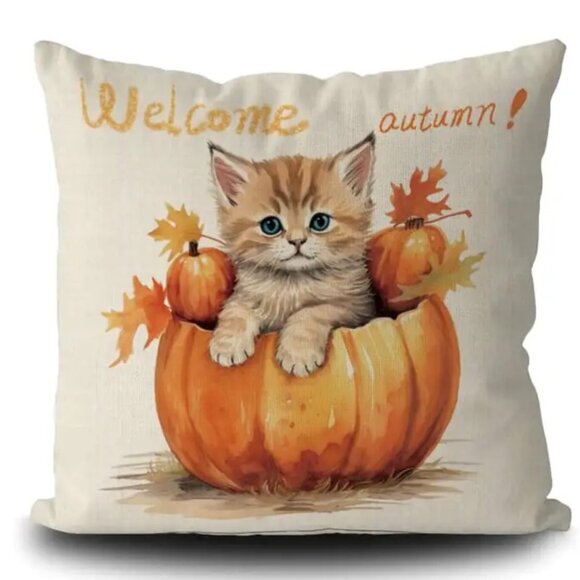 Other - 1pc Autumn Cat & Pumpkin Linen Pillow Cover - Pillow Is Included